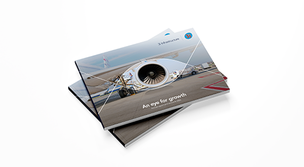 Cover of a 3i Infrastructure annual report featuring an airplane engine and the tagline 'An eye for growth'