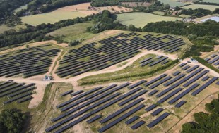 Aerial view of large solar panel farm