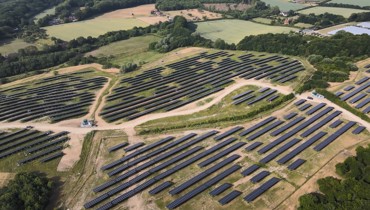 Aerial view of large solar panel farm