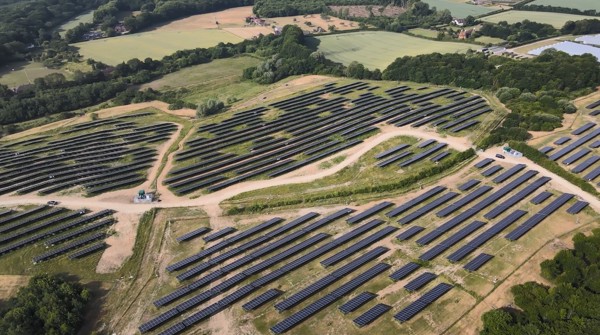 Aerial view of large solar panel farm