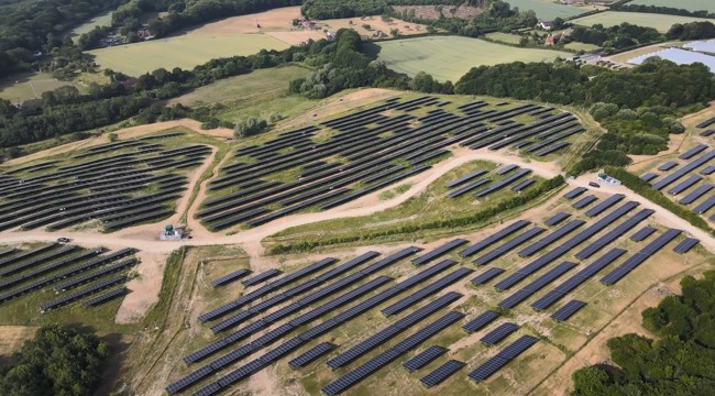 Aerial view of large solar panel farm