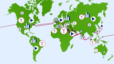 World map showing FLAG's subsea fibre optic network connecting 40+ countries across Europe, the Middle East, Africa, Asia, and the Americas