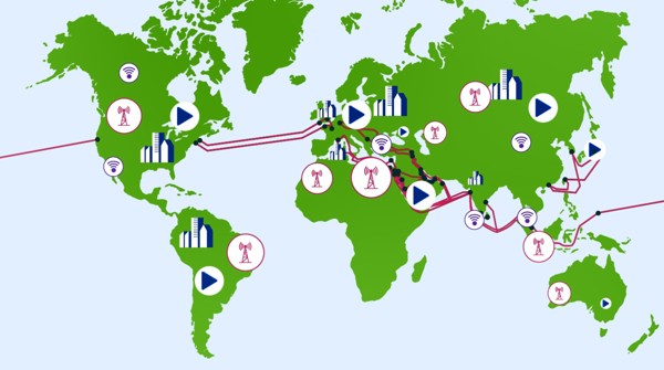 World map showing FLAG's subsea fibre optic network connecting 40+ countries across Europe, the Middle East, Africa, Asia, and the Americas
