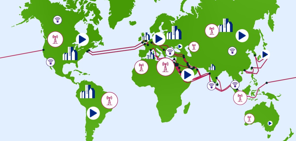 World map showing FLAG's subsea fibre optic network connecting 40+ countries across Europe, the Middle East, Africa, Asia, and the Americas
